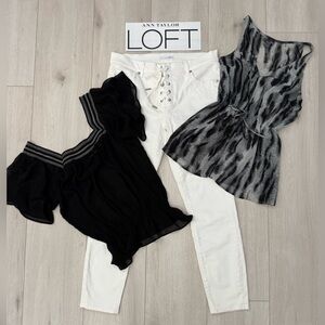 LOFT Lace Up Jeans + 2 Tops (Poetry Animal Print, Black Blouse by Mudd)